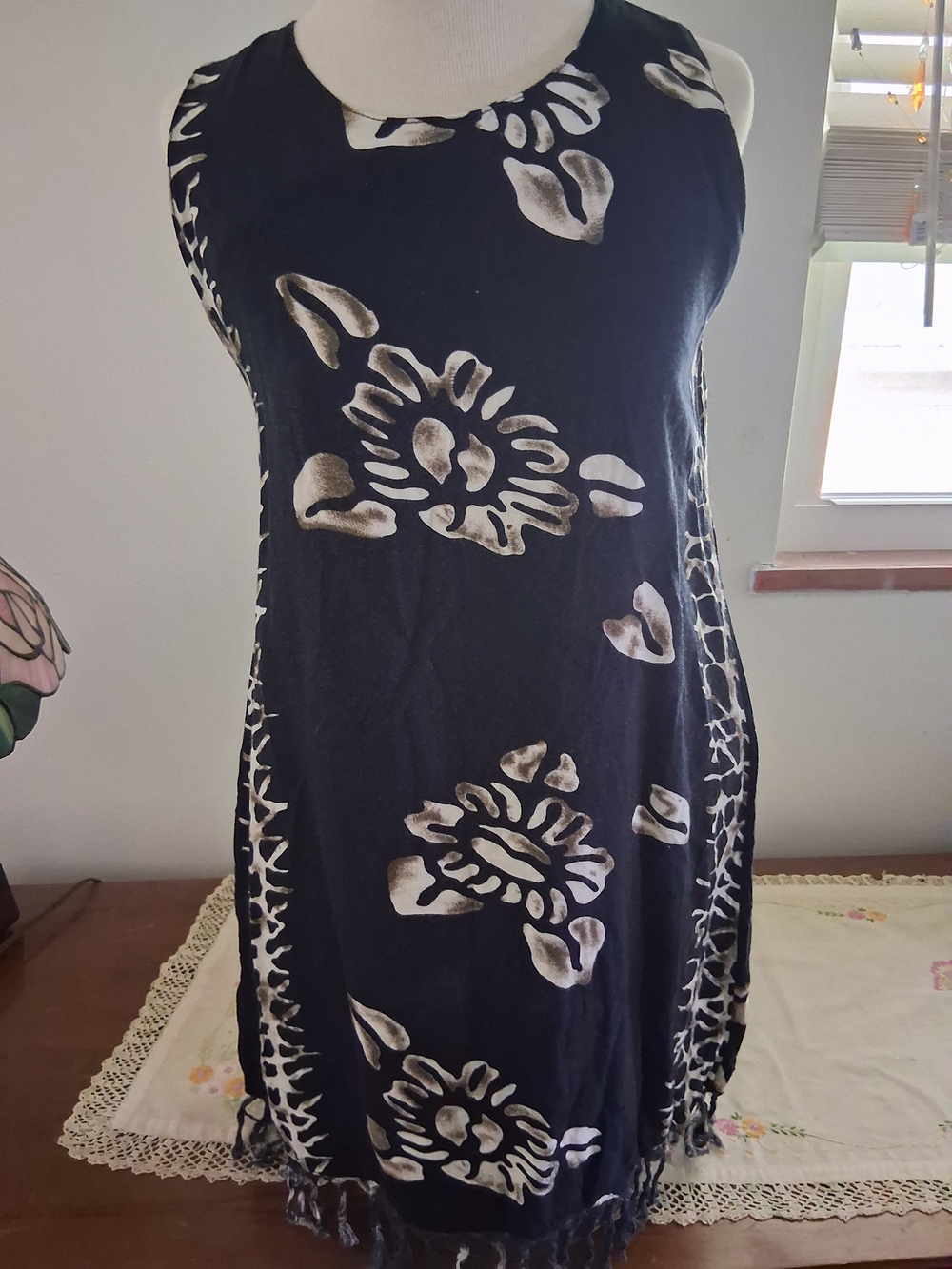 Women’s Black Floral Swim Coverup Shift Dress with Fringe